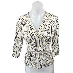 Banana Republic White Multicolor Print V-neck 3/4 Sleeve Wrap Blouse Top Size S